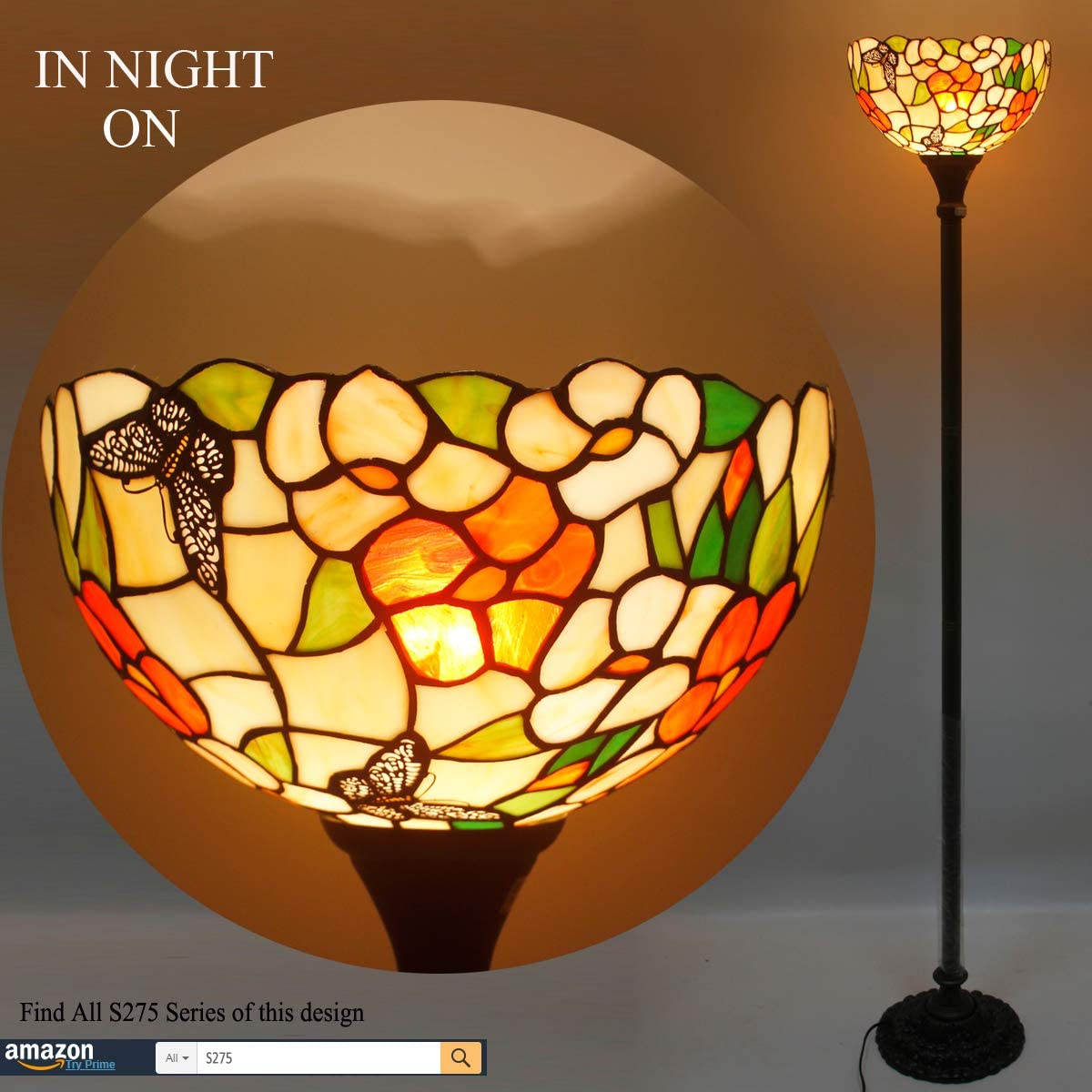 BBNBDMZ bzfwm Tiffany Floor Lamp Butterfly Amber Stained Glass Light 12X12X66 Inches Pole Torchiere Standing Corner Torch Uplight Decor Bedroom Living Room  Office S275 Series