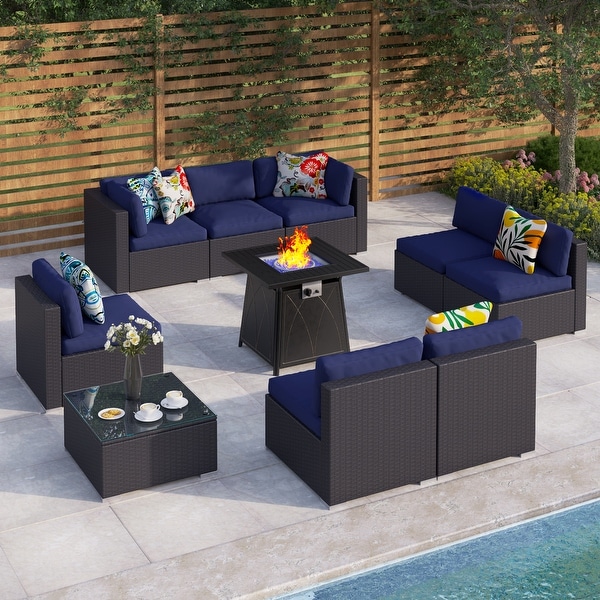 8Seater Fire Pit Table Rattan Sectional Sofa Set