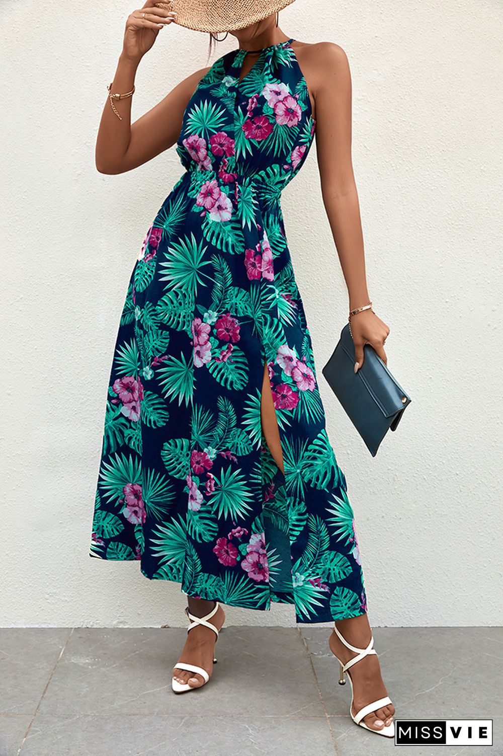 Floral Print Halter High Waist Dress Wholesale