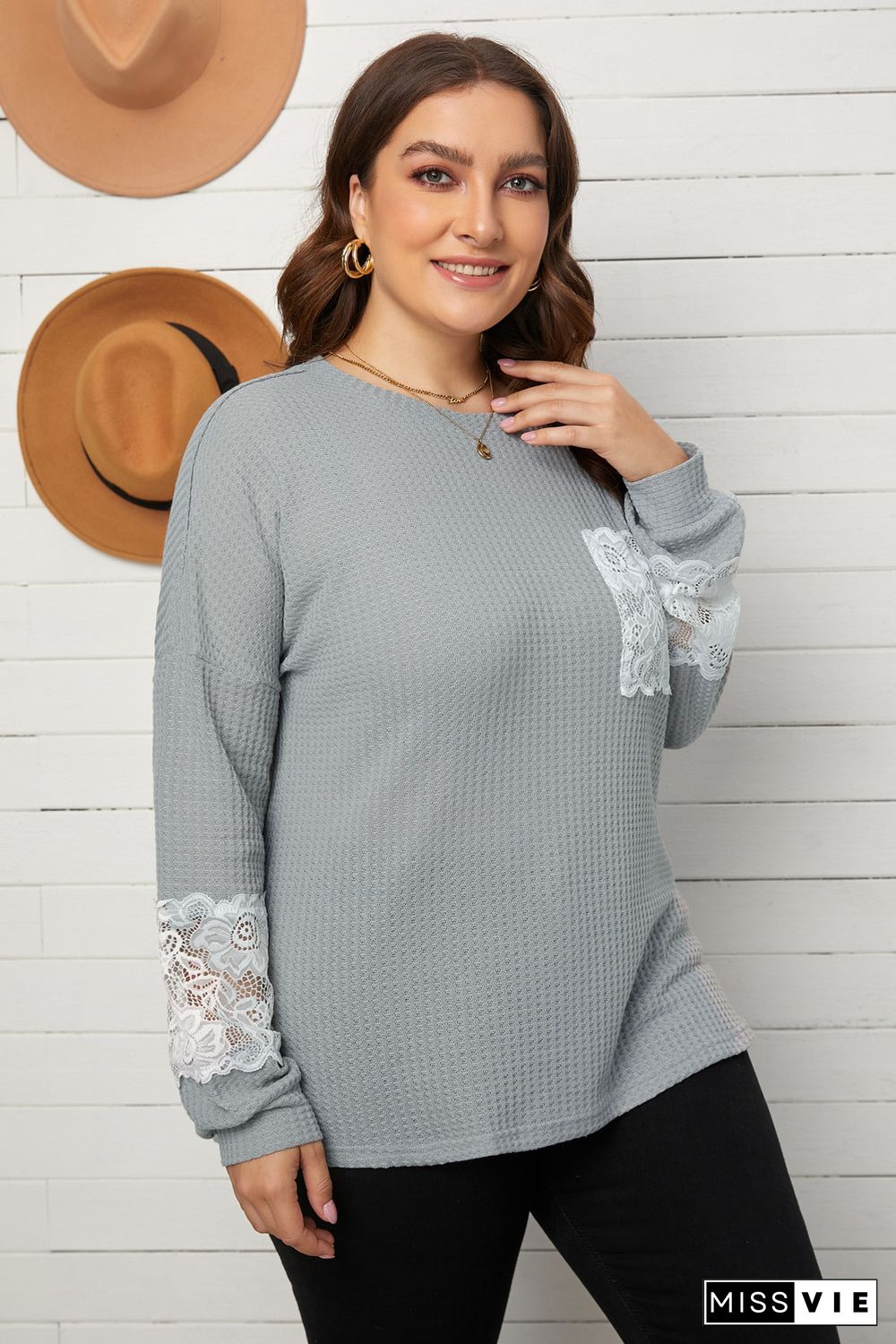 Gray Lace Patchwork Waffle Knit Plus Size Blouse