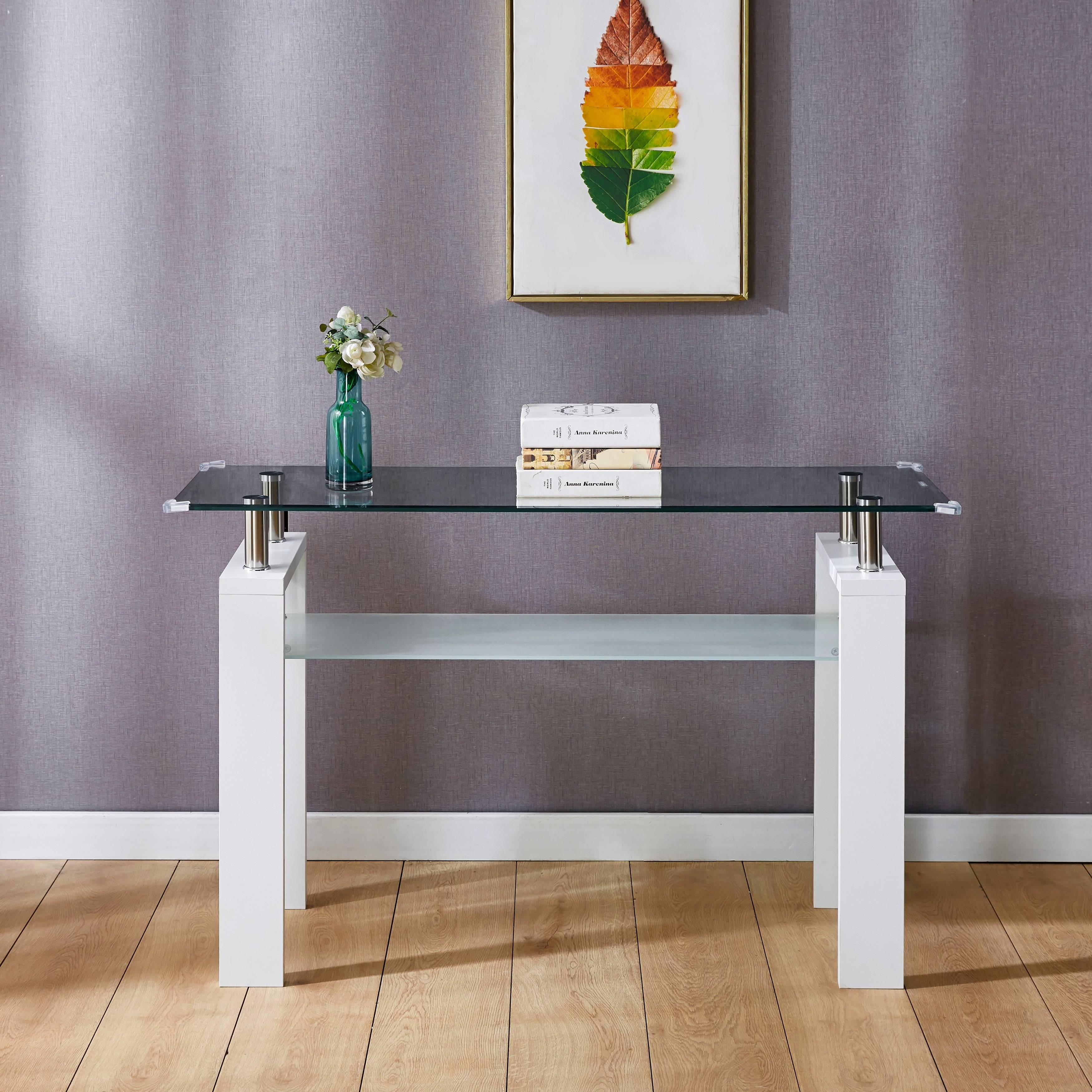 MDF Console Table， Tempered Glass Top， Modern Foyer Area Table， Wide High-Gloss MDF Legs