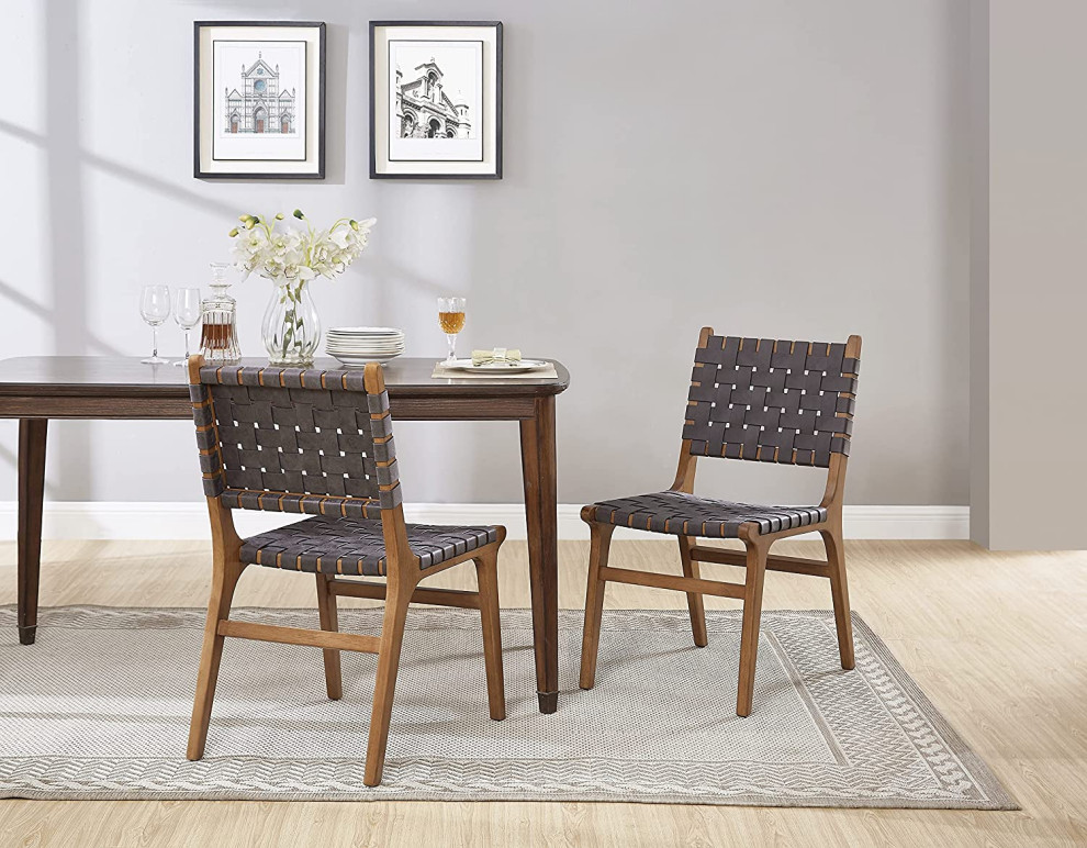 Set of 2 Dining Chair  Rubberwood Frame With Faux Leather Woven Seat  Dark Grey   Traditional   Dining Chairs   by Decor Love  Houzz