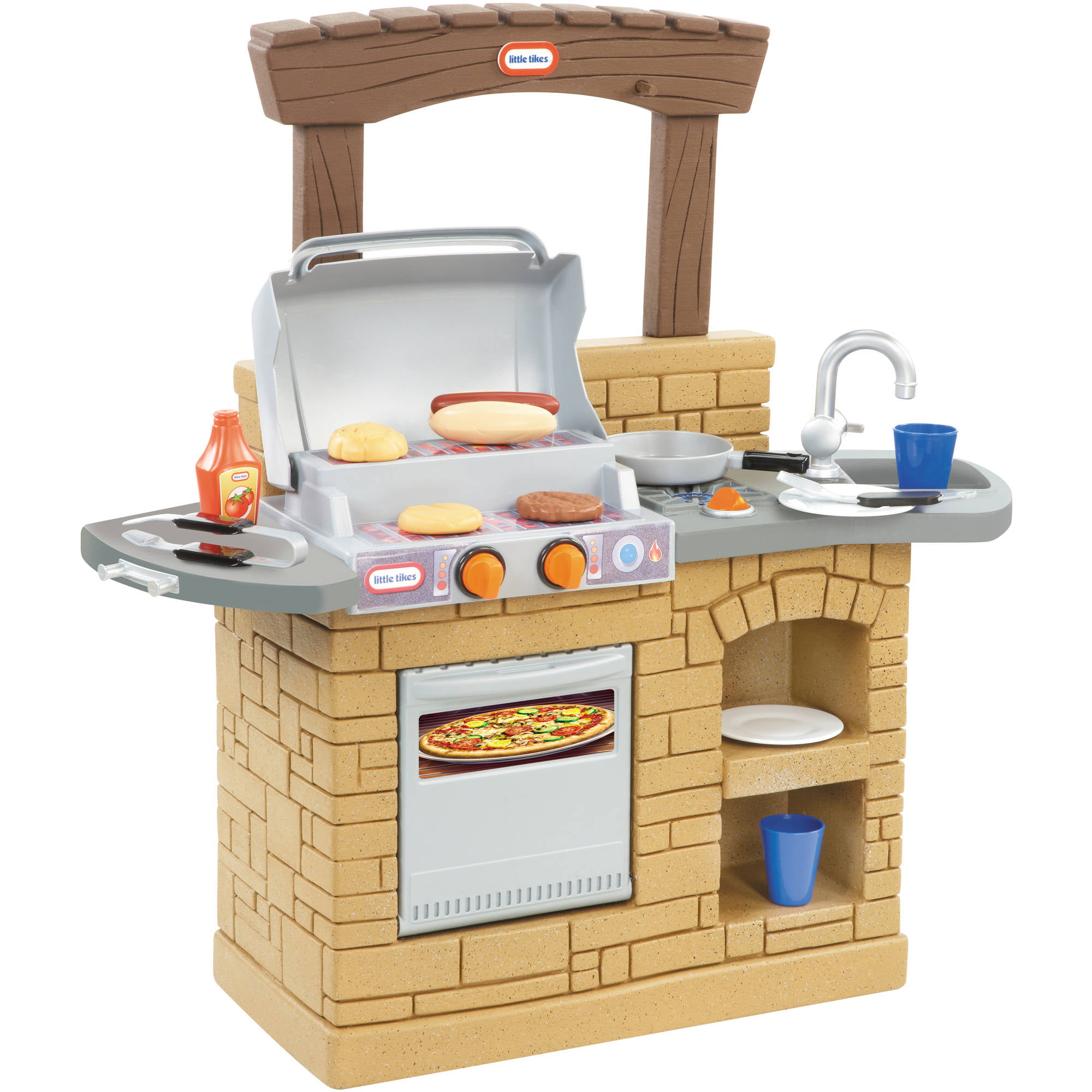 Little Tikes Cook 'n Play Outdoor BBQ Grill 12-Piece Plastic Outdoor Pretend Play Kitchen Toys Playset with Oven， Tan For Kids Girls Boys Ages 3 4 5+