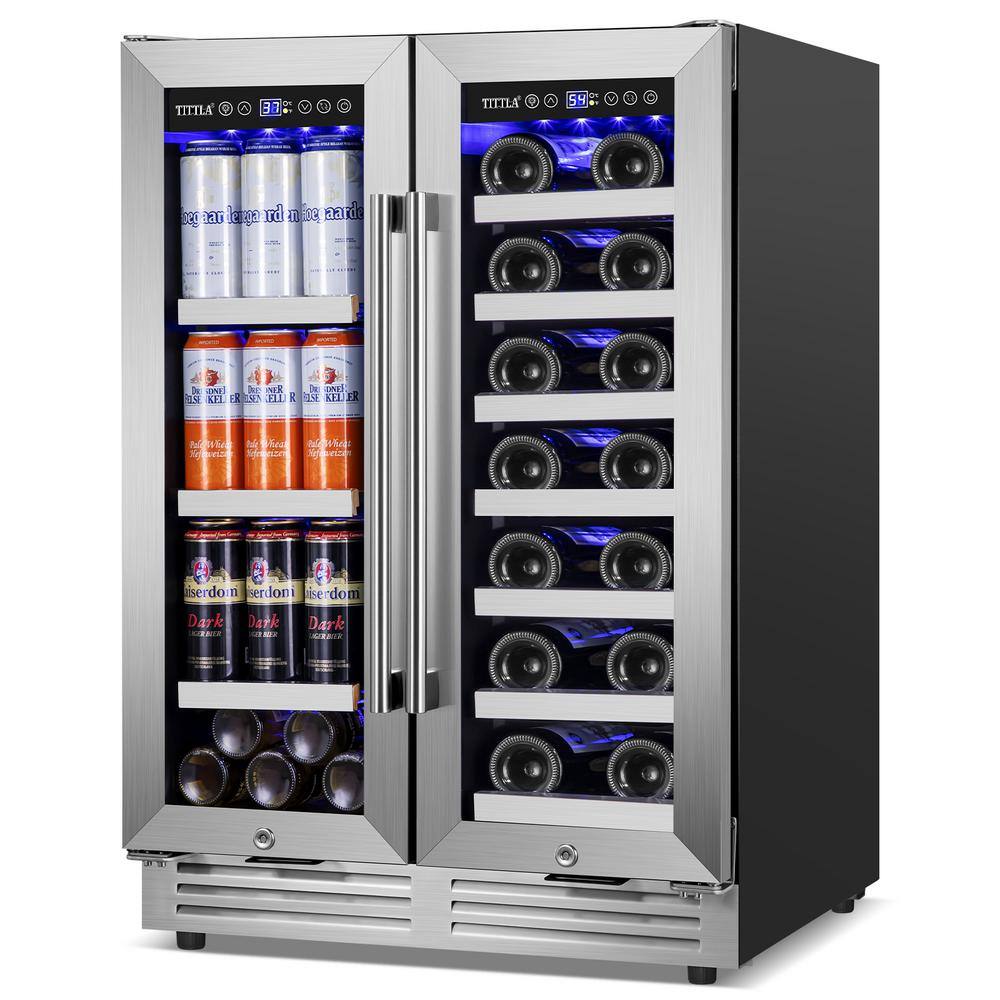 TITTLA 23.47 in. Dual Zone 18-Wine Bottles and 57-Cans Beverage and Wine Cooler in Silver Two Shape of Door Handles Blue LEDs KMYC120