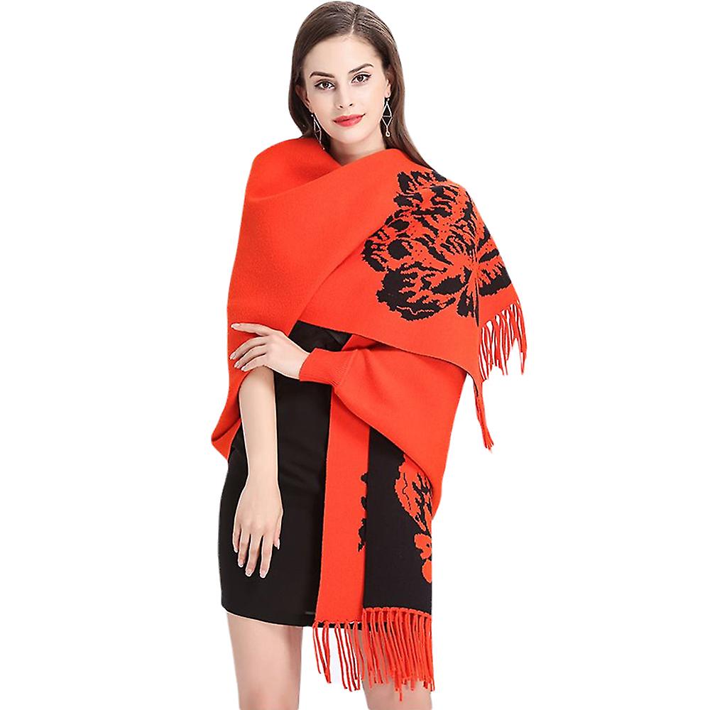 Women Floral Printed Knitted Shawl Cape With Sleeves