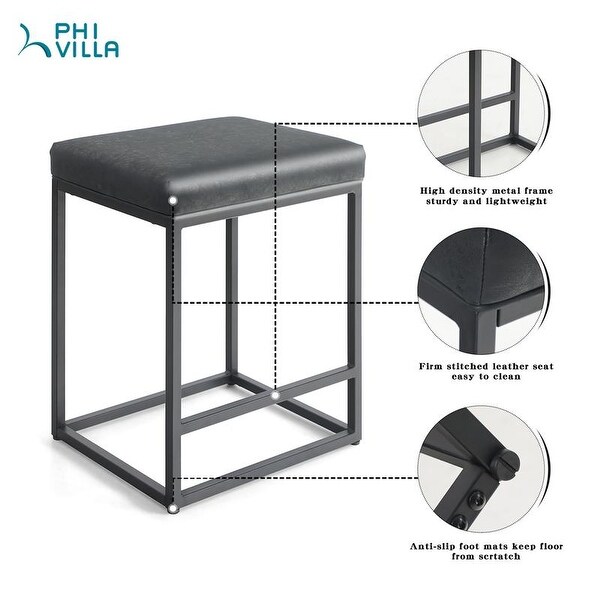 PHI VILLA 24'' Square PU Leather Bar Stool with Sturdy Metal Frame， Set of 2