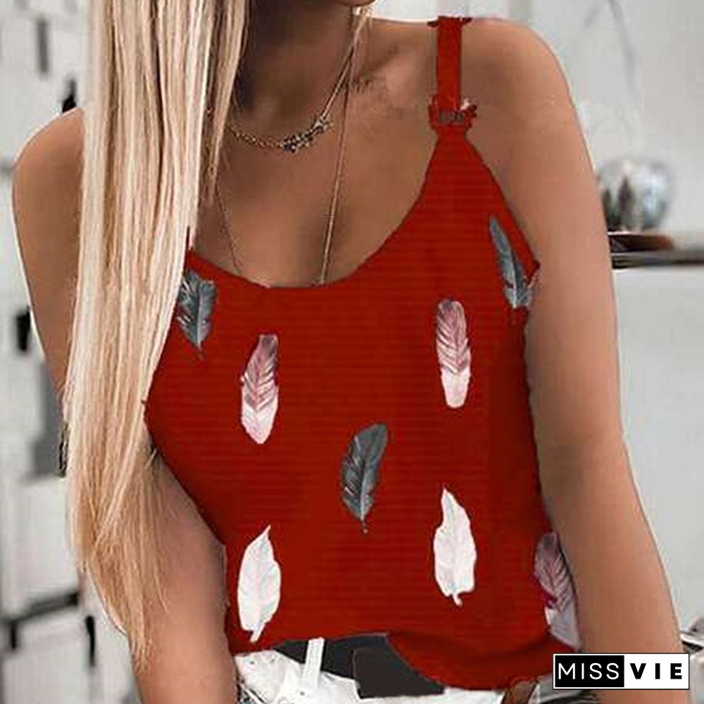 Plumage Printed Womens Tank Top U Neck Spaghetti Strap Camisole Sleeveless Beach Style Summer Tops Shoulder Buckle Tops