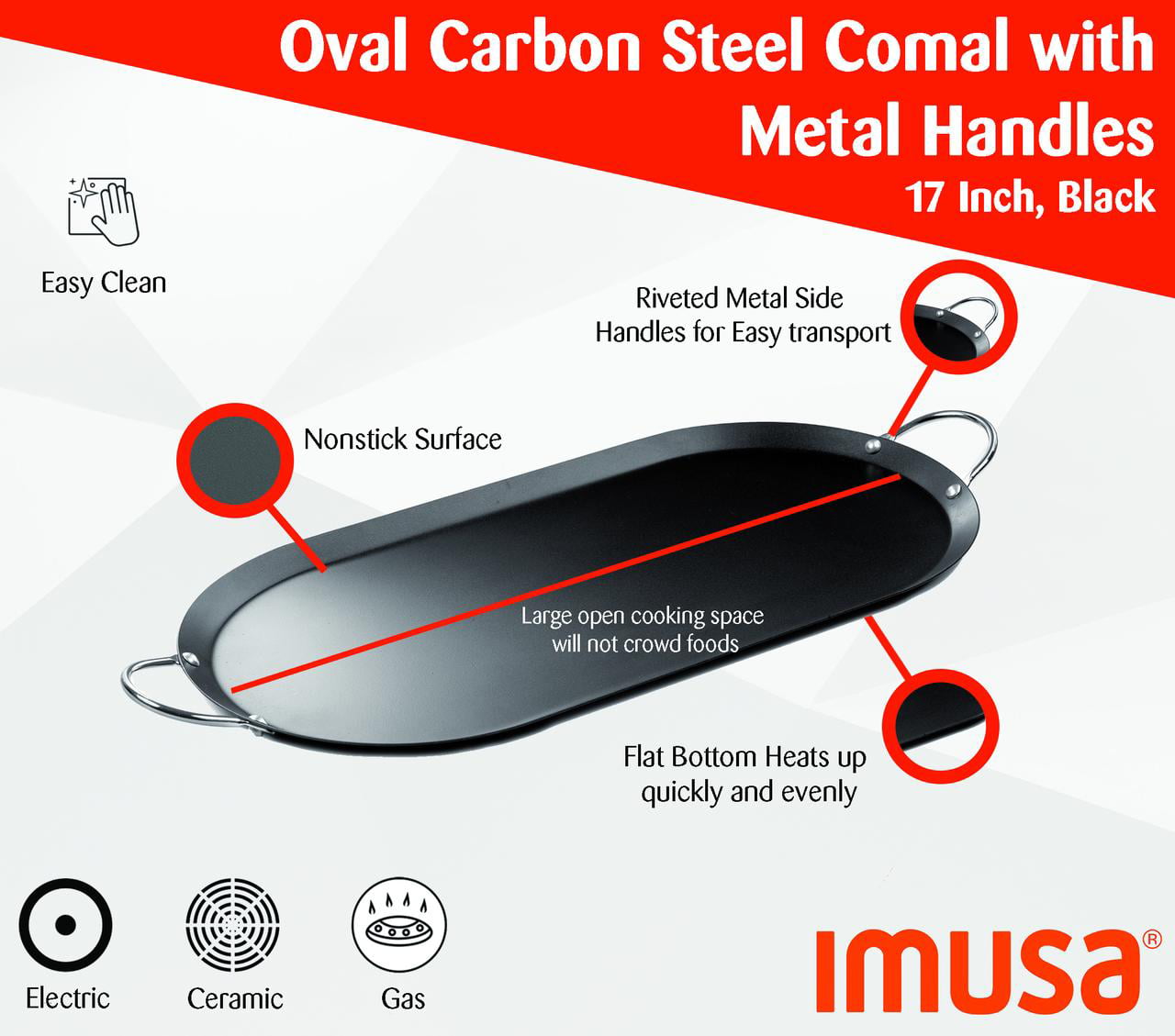 Imusa 17 inch Oval Shaped Carbon Steel Nonstick Comal/Griddle with Metal Handles, Black