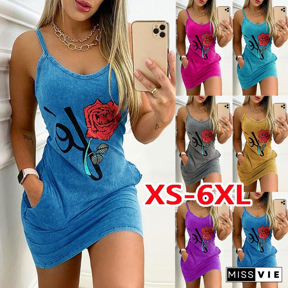 Womens Fashion Summer Clothing Casual Sleeveless Floral Prited Halter Dress with Pockets Sexy V-neck Party Club Mini Tank Top Dresses Ladies Plus Size Cami Dress