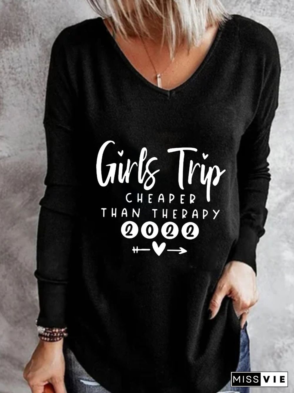 Casual Long Sleeve V Neck Printed Tunic Tops T-shirts