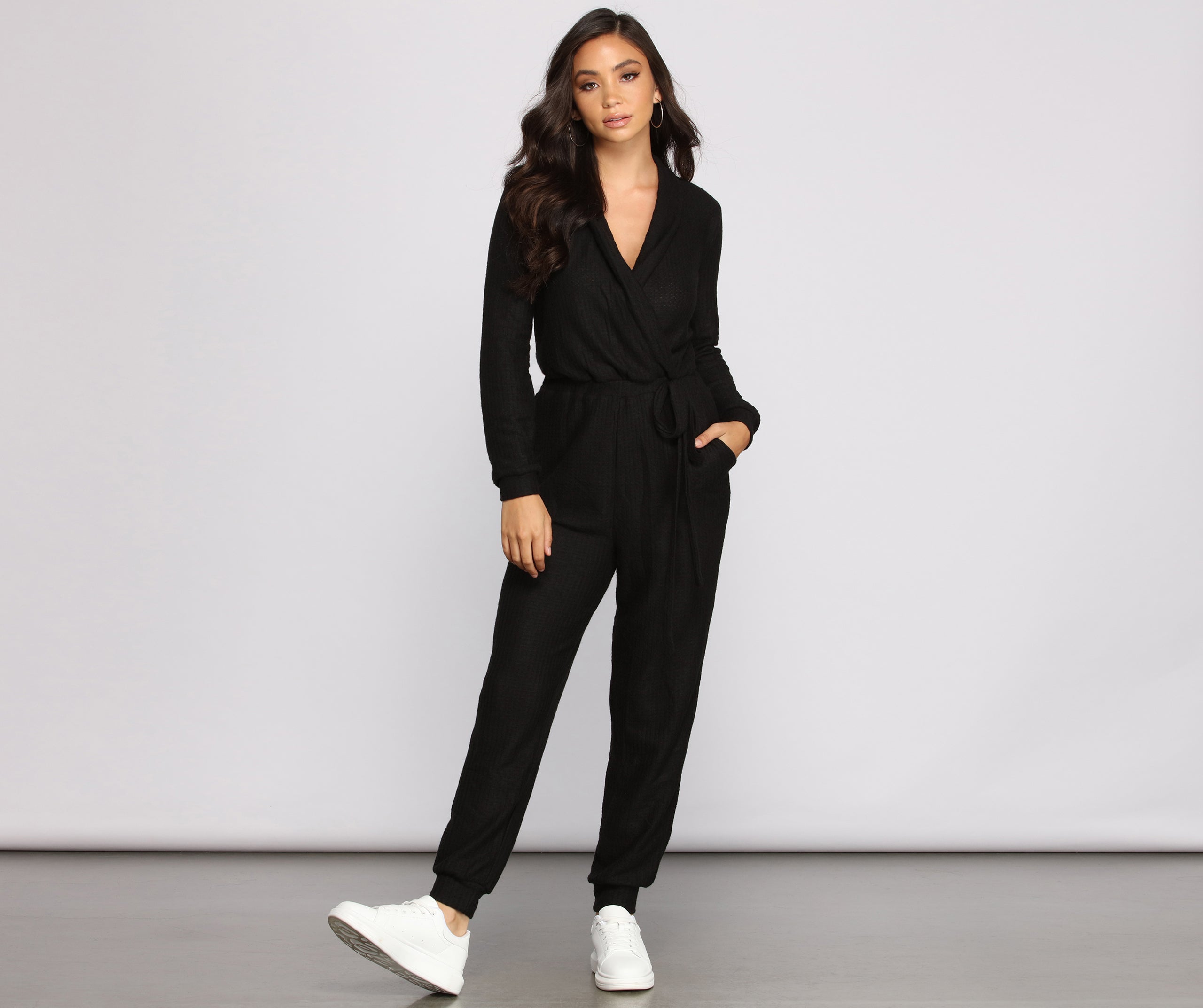 Cozy and Chic Ribbed Surplice Jogger Jumpsuit