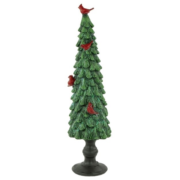 Green Glittered Christmas Tree With Red Cardinals Decoration