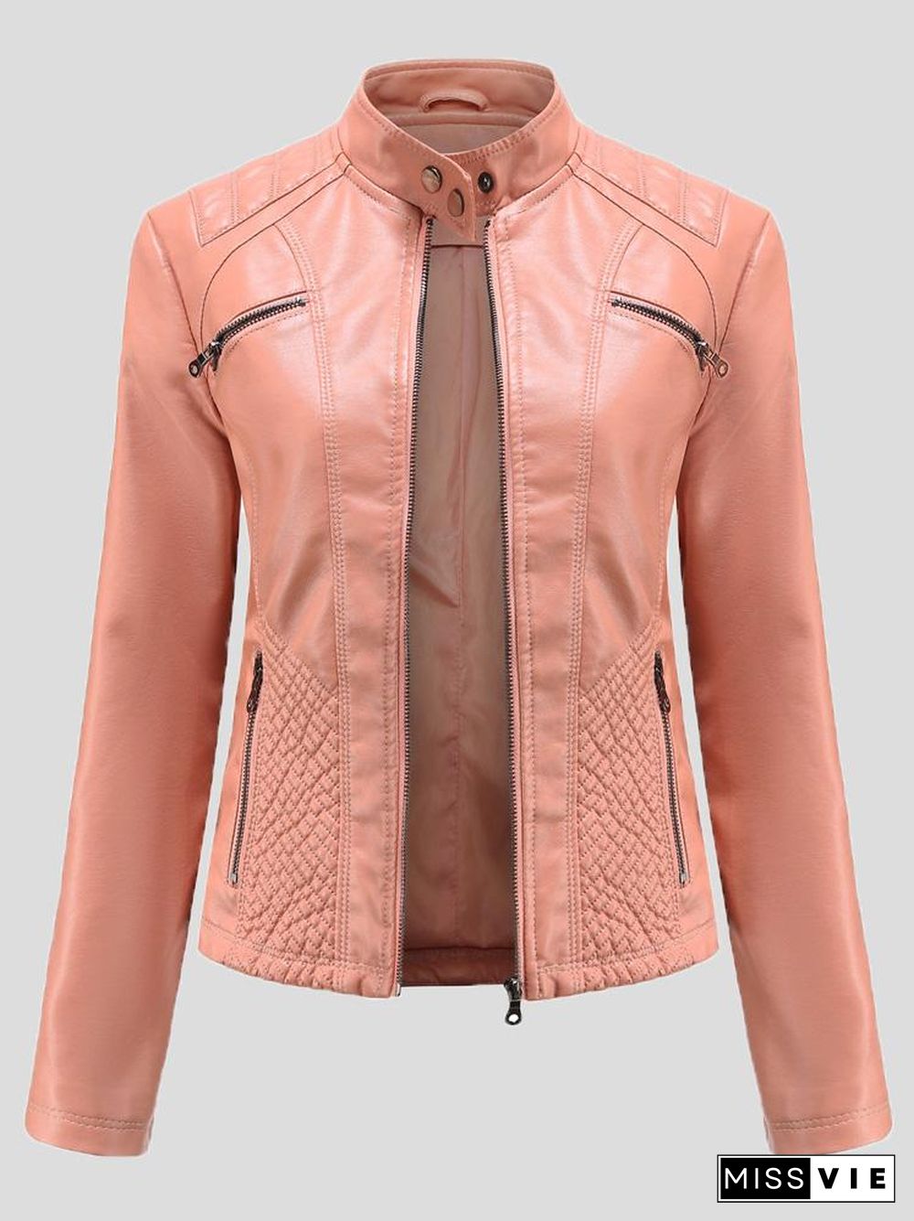 Women's Jackets Casual Stand-Collar Slim Solid Leather Jacket