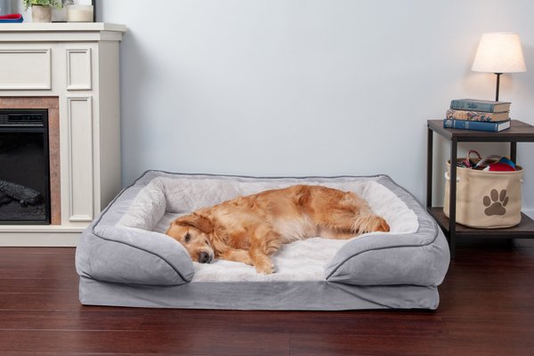 FurHaven Velvet Waves Perfect Comfort Cooling Gel Bolster Cat and Dog Bed w/Removable Cover