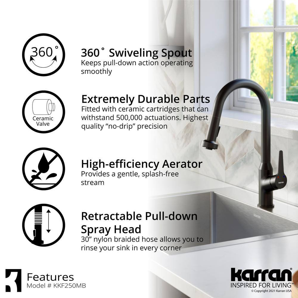 Karran Dockton Single Handle Pull Down Sprayer Kitchen Faucet in Matte Black KKF250MB