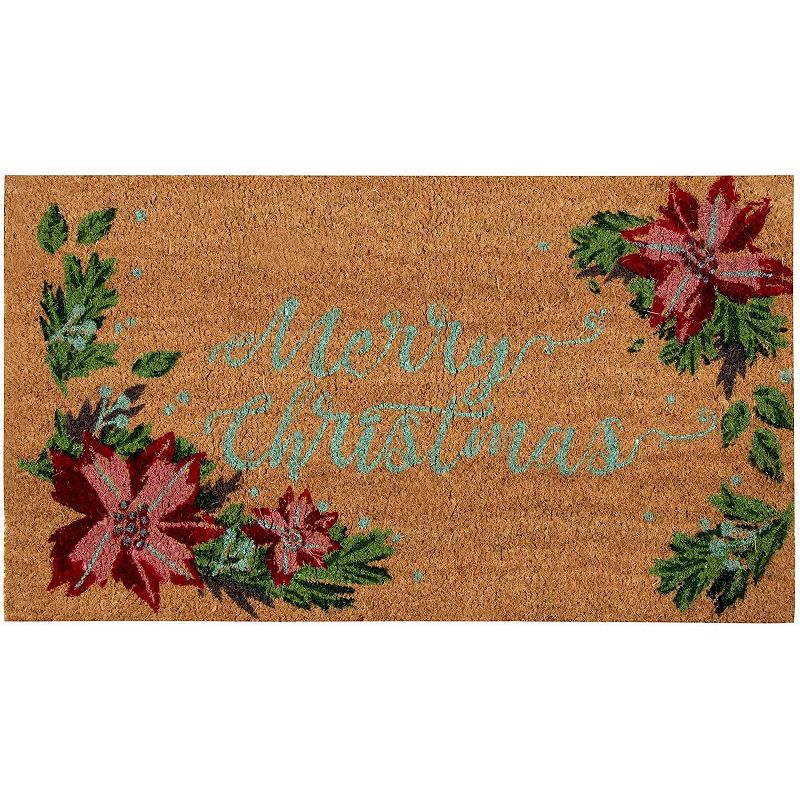 Poinsettia Merry Christmas Welcome Doormat， Holiday Decor， Natural Coir (30 x 17 in)