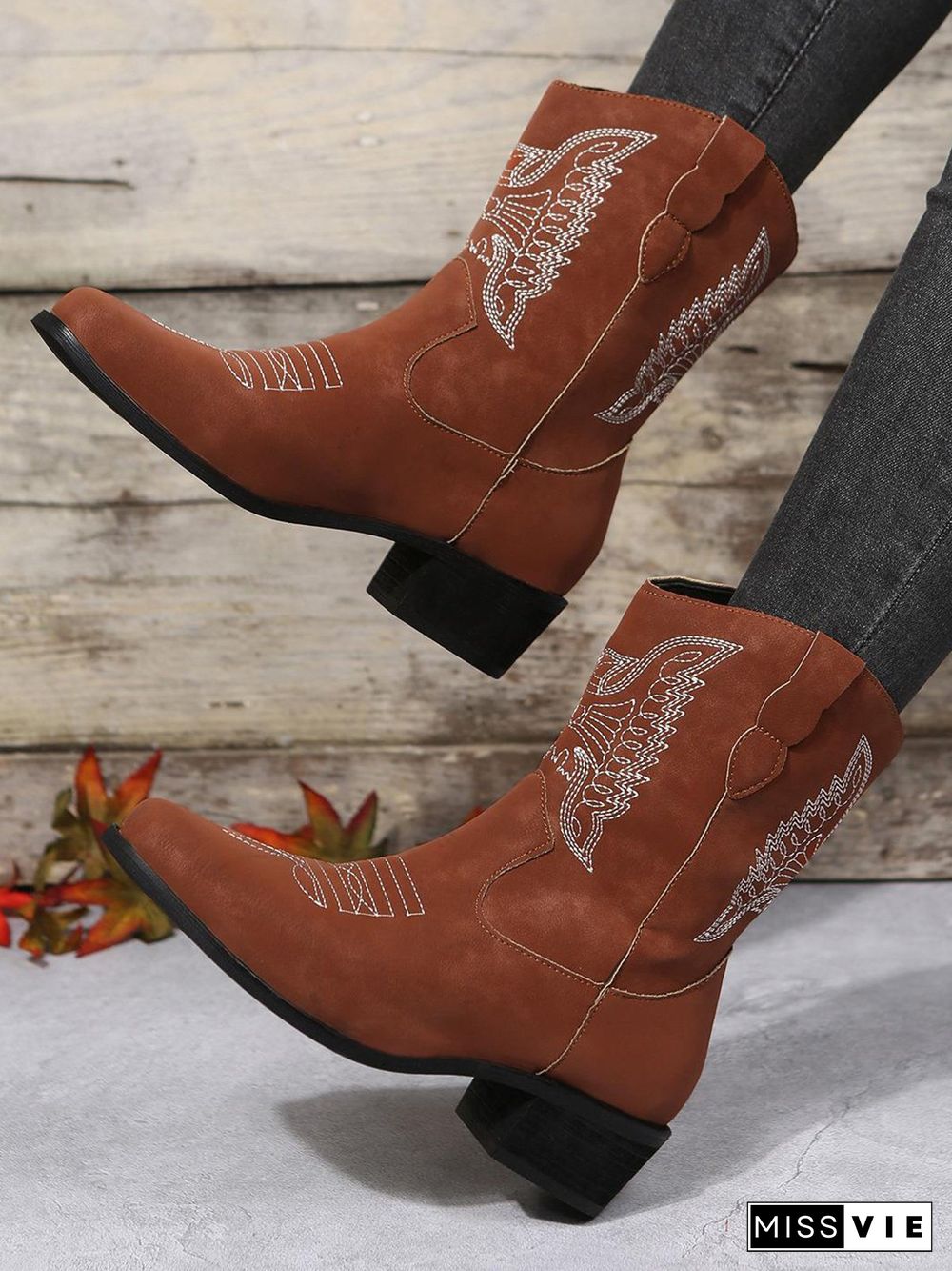 Embroidered Ethnic Chunky Heel Cowboy Boots