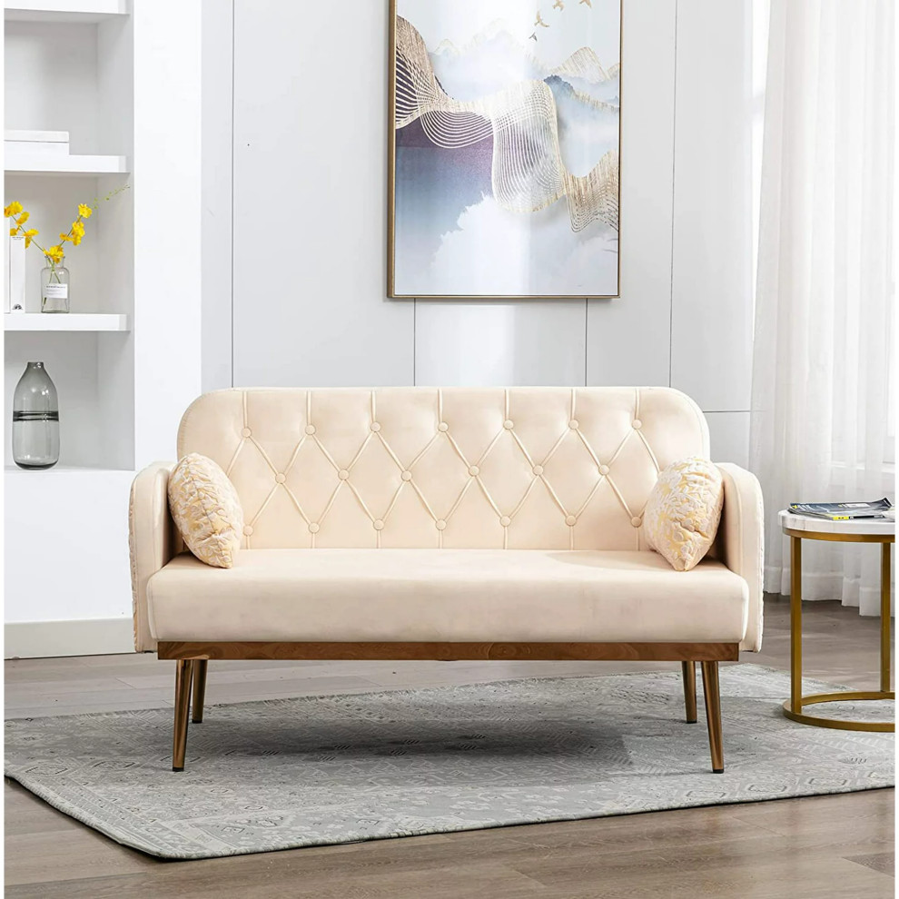 Contemporary Loveseat  Golden Metal Legs  ampButton Tufted Velvet Seat   Contemporary   Loveseats   by Declusia  Houzz