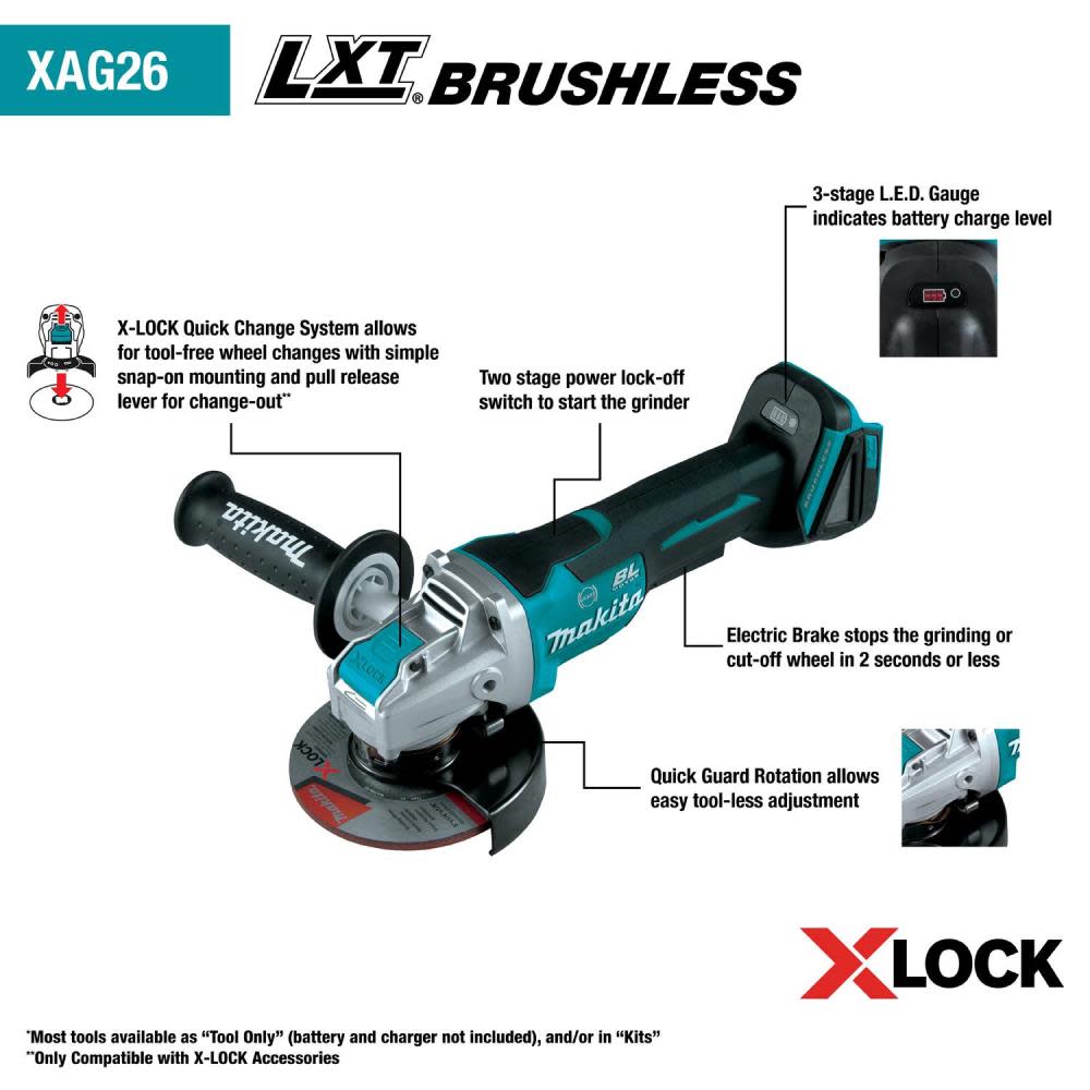 Makita 18V LXT? Lithium-Ion Brushless Cordless 4-1/2” / 5 Paddle Switch X-LOCK Angle Grinder， with AFT?， Bare Tool