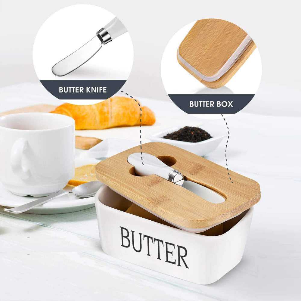 HKEEY Butter Dish， Ceramic Butter Dish with lid and Stainless Steel Butter Knife Spreader， Butter Keeper Double Silicone Seals， Easy Clean， Butter Dishes with Covers