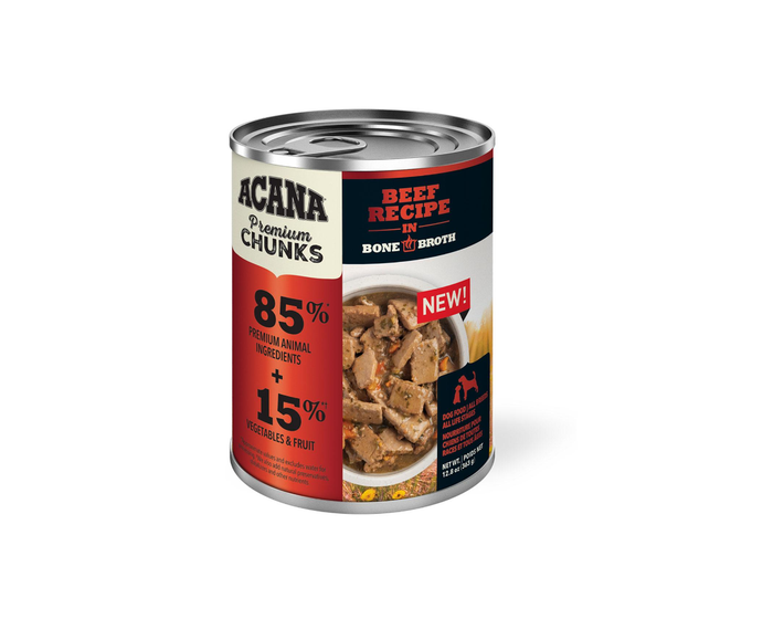 Acana Grain-Free Premium Chunks Beef Recipe In Bone Broth Adult Wet Dog Food， 12.8 oz. Can