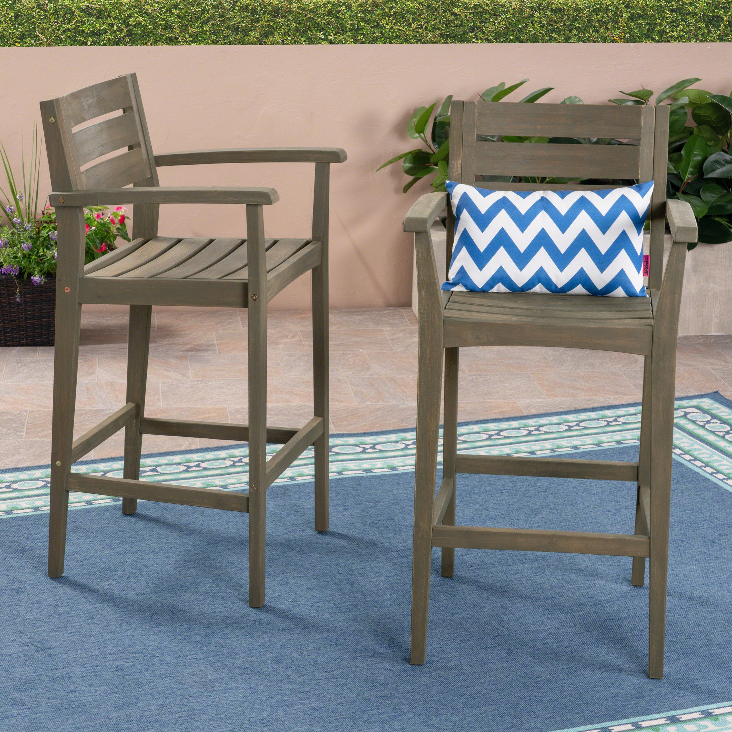 Lera Outdoor Rustic Acacia Wood Barstool (Set of 2)