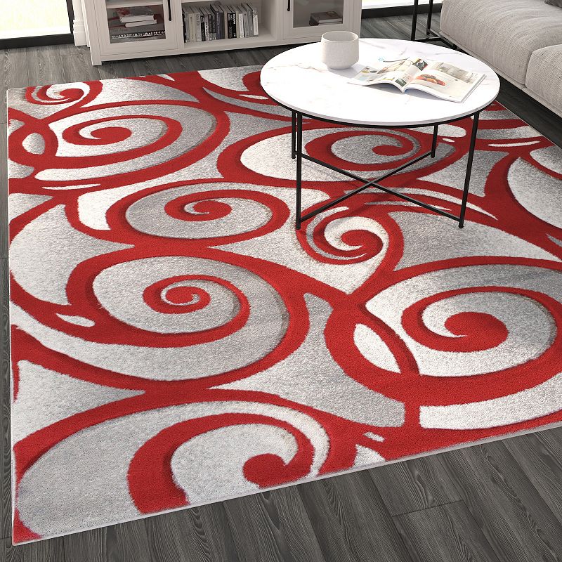 Masada Rugs Masada Rugs DaVincii Collection 8'x10' Red， White and Gray Modern Woven Area Rug， Hand Carved Sculpting -Design D241