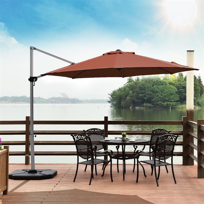 11 FT Patio Offset Cantilever Umbrella 360° Rotation Tilt with Cross Base & Crank Handle