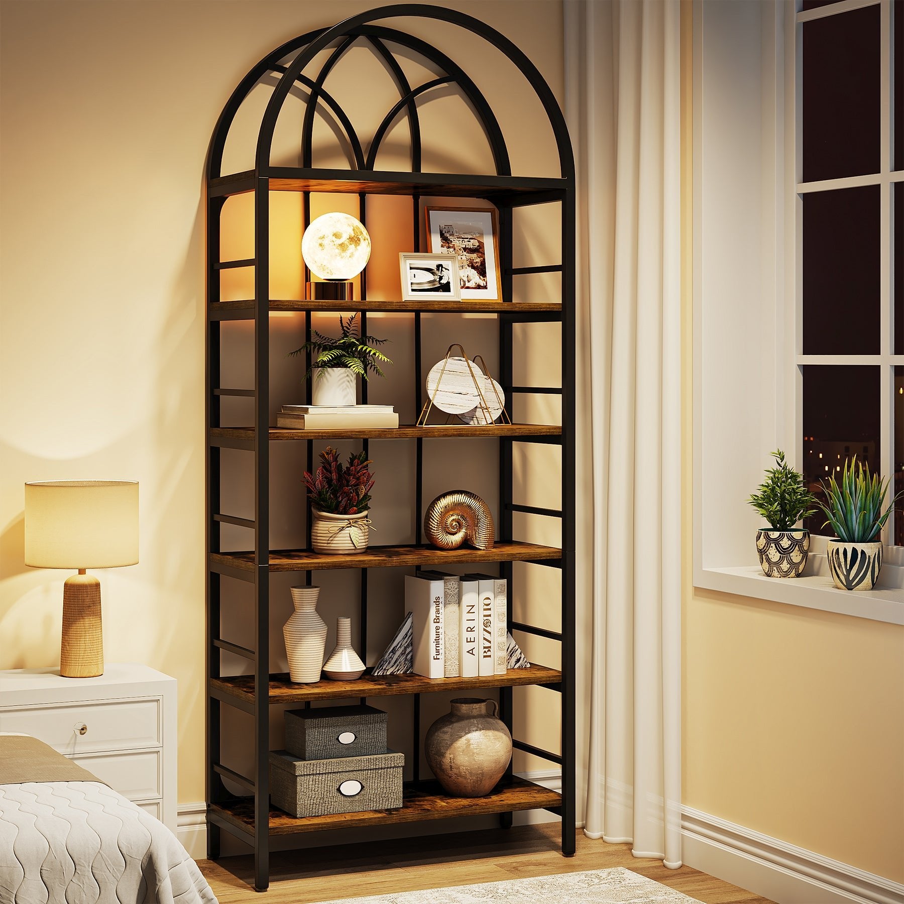 6-Tier Arched Bookshelf, 78.7 Industrial Bookcase Storage Shelving Unit