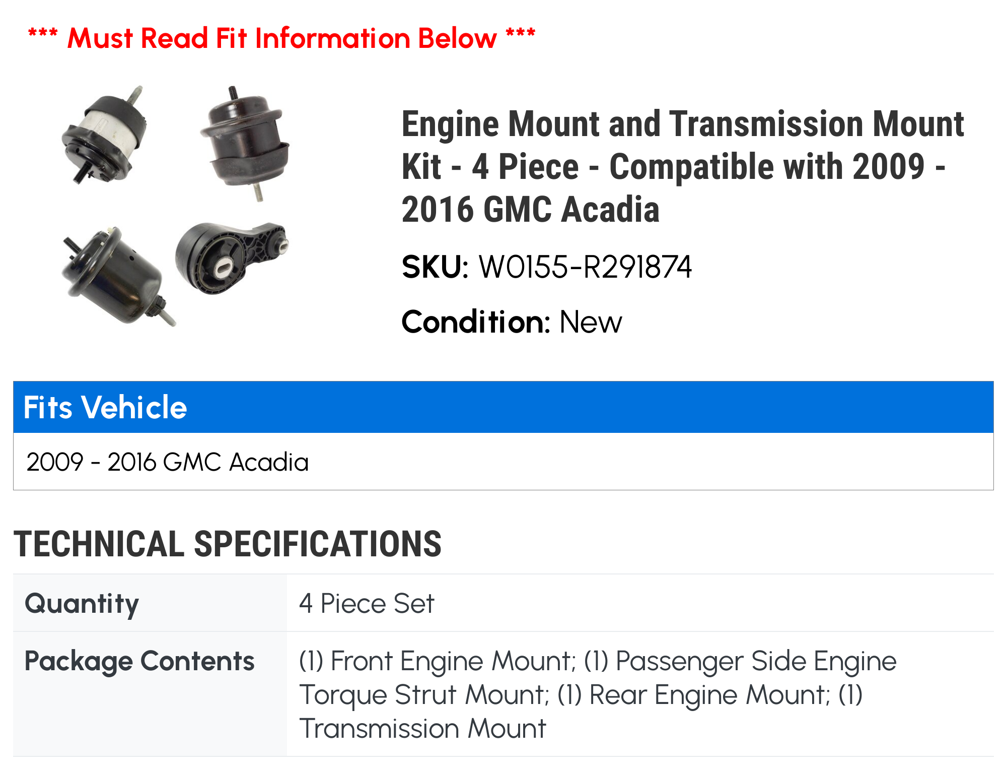 Engine Mount and Transmission Mount Kit - 4 Piece - Compatible with 2009 - 2016 GMC Acadia 2010 2011 2012 2013 2014 2015