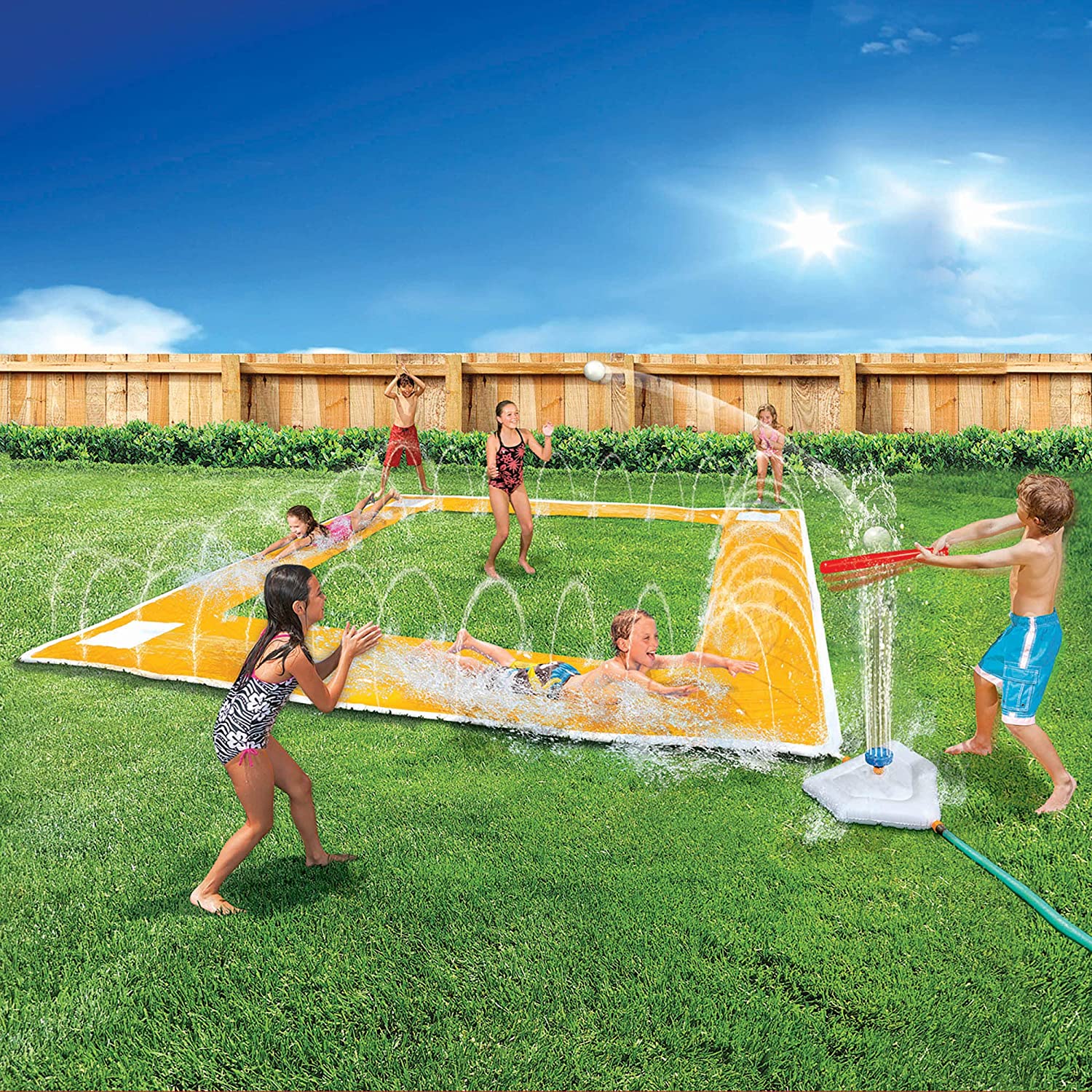 BANZAI Home Run Splash Baseball Slide， Length: 14 ft， Width: 14 ft， Inflatable Outdoor Backyard Water Slide Splash Toy， Baseball Bat and Ball Included， Slide