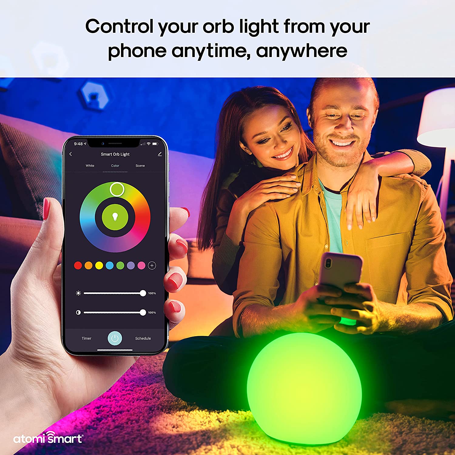 Atomi Smart Portable Orb LED Light - Large， Indoor / Outdoor Ambience Light， Waterproof， WiFi-Compatible with Alexa， Google Assistant， iOS， Android， and The Atomi Smart App