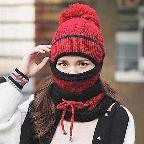 3pcs/set Fashion Women Winter Knitted Hat Thickened Woolen Cap With Warm Mask And Neck Scarf Wine Red -