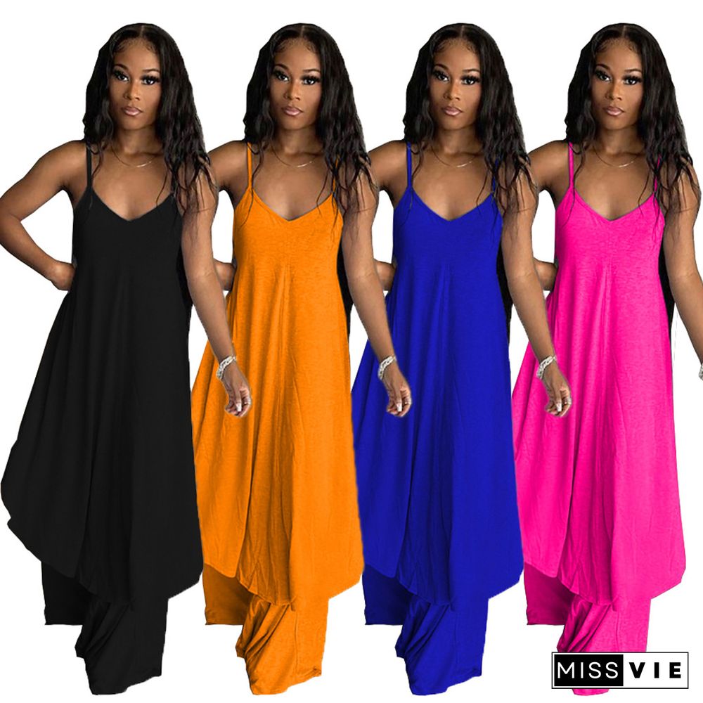 Women Sexy Beachwear V Neck Spaghetti Strap Solid Color Long Top Wide Leg Pants Casual Two Piece Suits