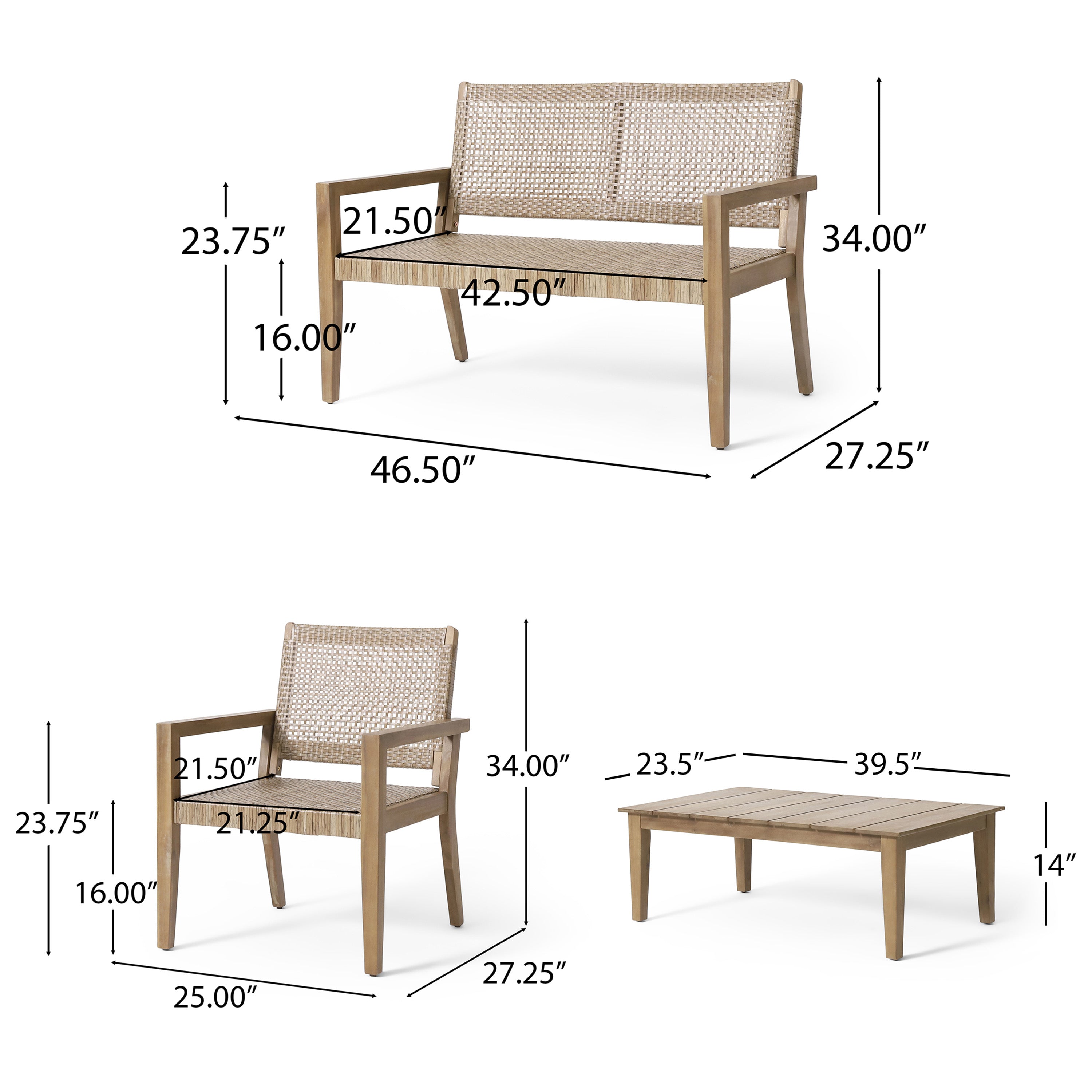 Elmcrest Outdoor Wicker and Acacia Wood 4 Seater Chat Set, Light Multibrown and Light Brown