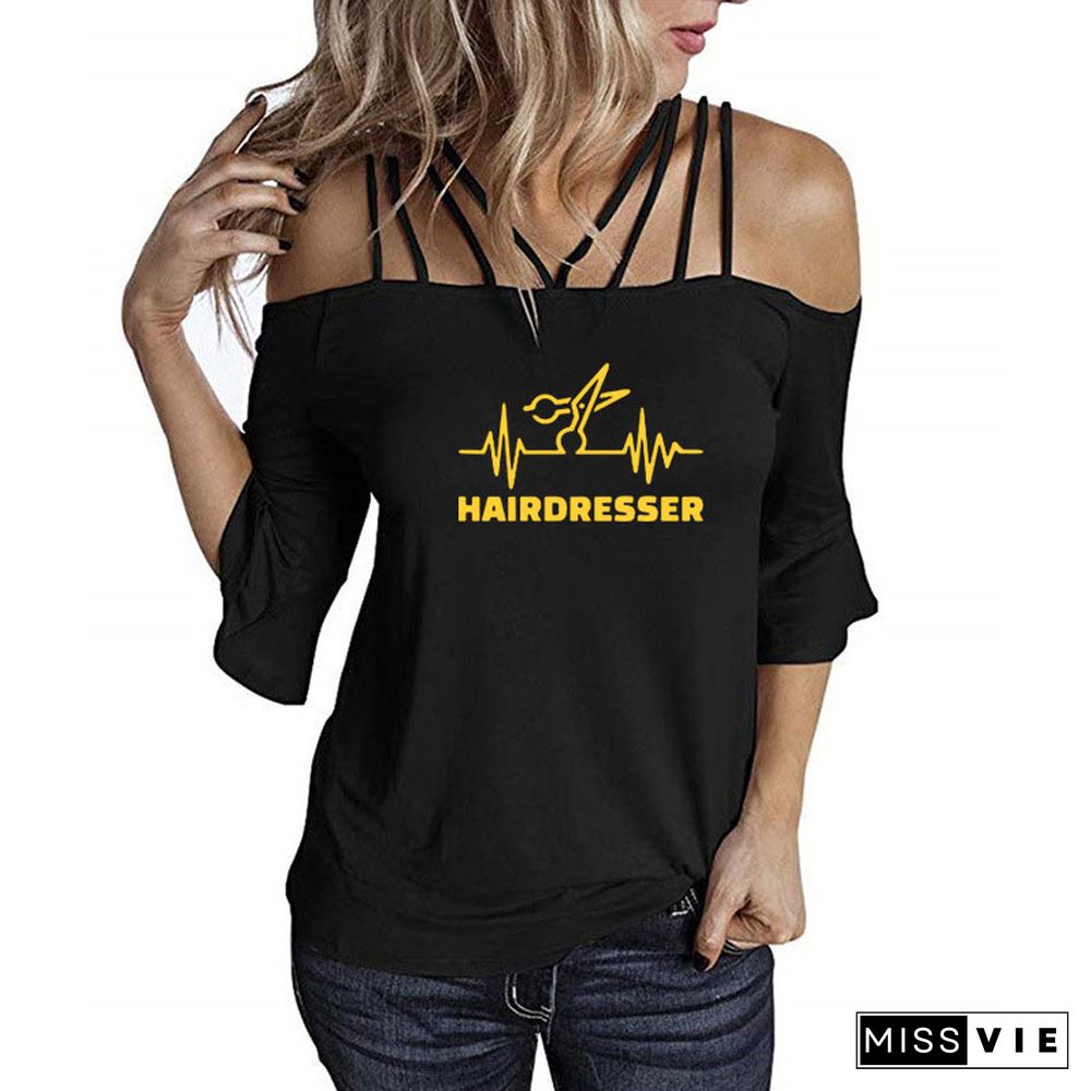 New Fashion Summer Heartbeat Hairdresser T Shirt Women Casual Cotton Short Sleeve GirlsShoulderSling Tee Tops