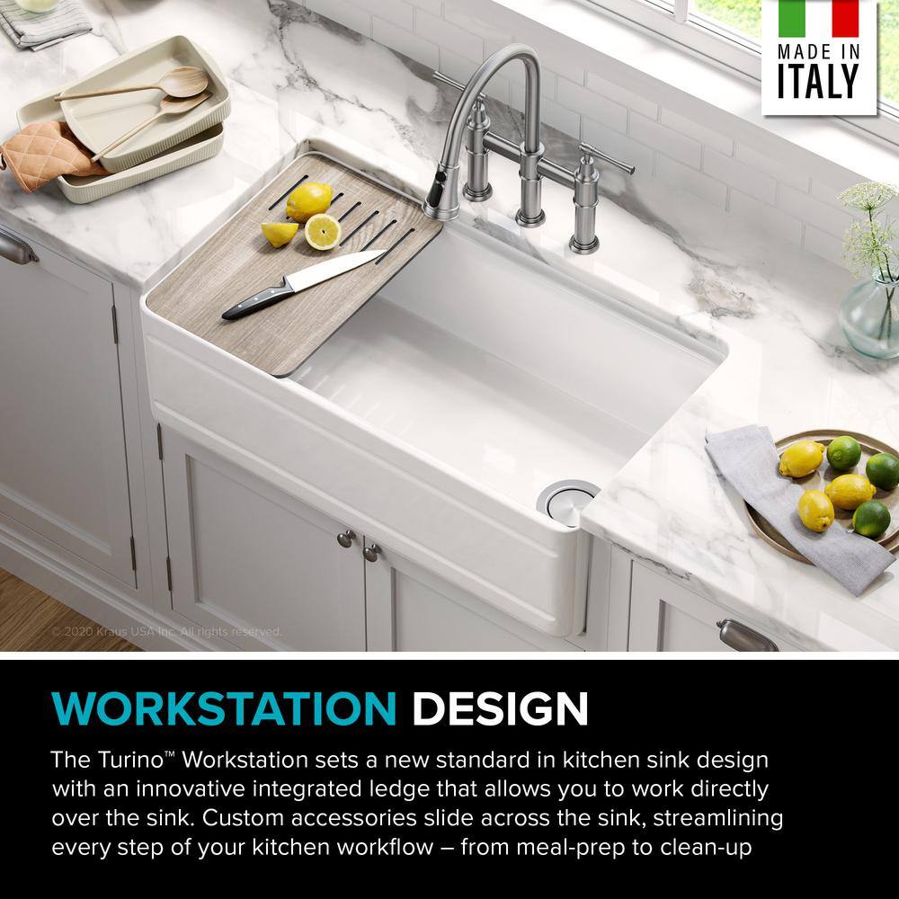 KRAUS Turino Gloss White Fireclay 33 in. Single Bowl Farmhouse Apron Workstation Kitchen Sink with Accessories KFR4-33GWH