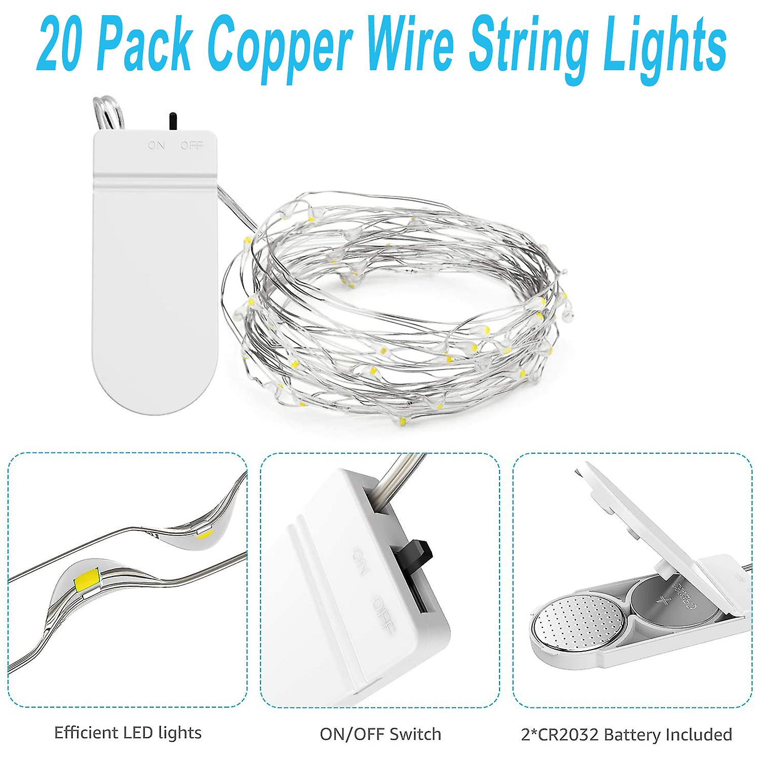 8pcs 2m 20led String Fairy Lights Battery Operated Cool White， Flexible Copper Wire Waterproof Starry Lights For Romantic Lightsfun Bedroom Curtain Fe