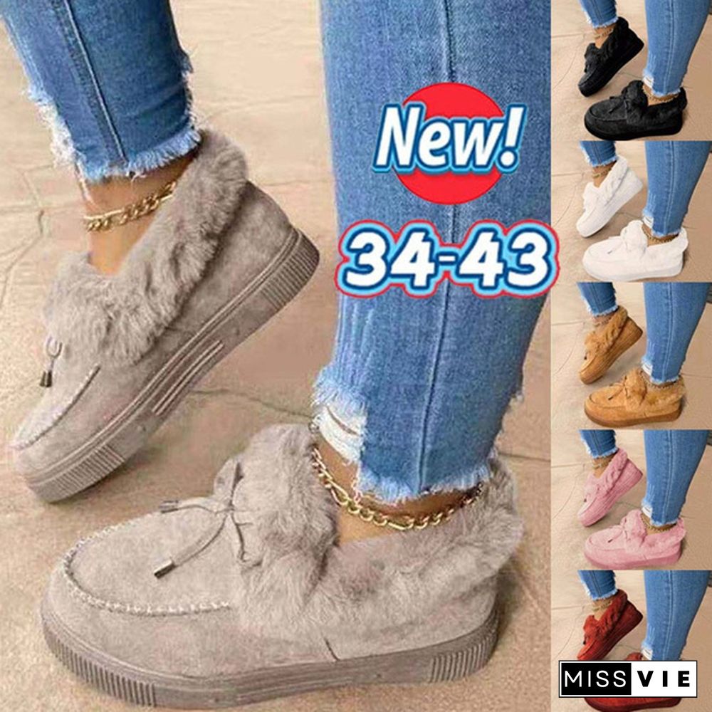 New Fashionable Ladies Bowknot Suede Faux Fur Moccasin Shoes Warm Lightweight Slippers Non-Slip Platform Shoes Winter Cute Soft Snow Boots Casual Suede Flat Plush Shoes Comfortable Wearing Tenis Feminino