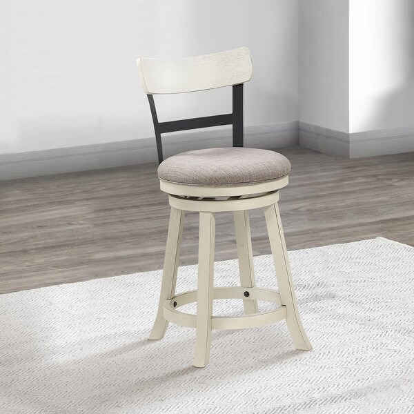 24 Inch Handcrafted 360 Degree Swivel Counter Stool， Curved Open Back， White Wood Frame， Cream Cushioned Seat