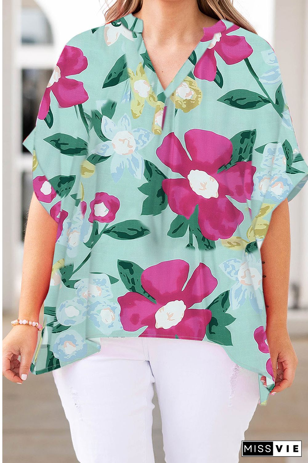 Green Floral V Neck Half Sleeve Plus Size Blouse