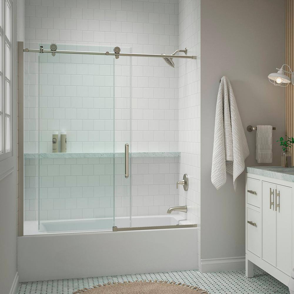 KOHLER Cursiva 59.875 in. W x 62 in. H Sliding Frameless Bath Tub Door in Anodized Brushed Nickel K-707626-8L-BNK