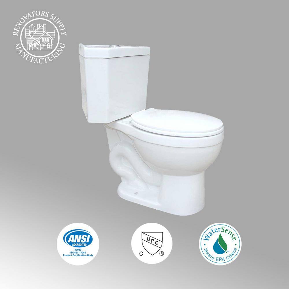 RENOVATORS SUPPLY MANUFACTURING Troyt Corner 2-Piece 0.8 GPF1.6 GPF WaterSense Dual Flush Round Toilet in White with Slow Close Seat 17668