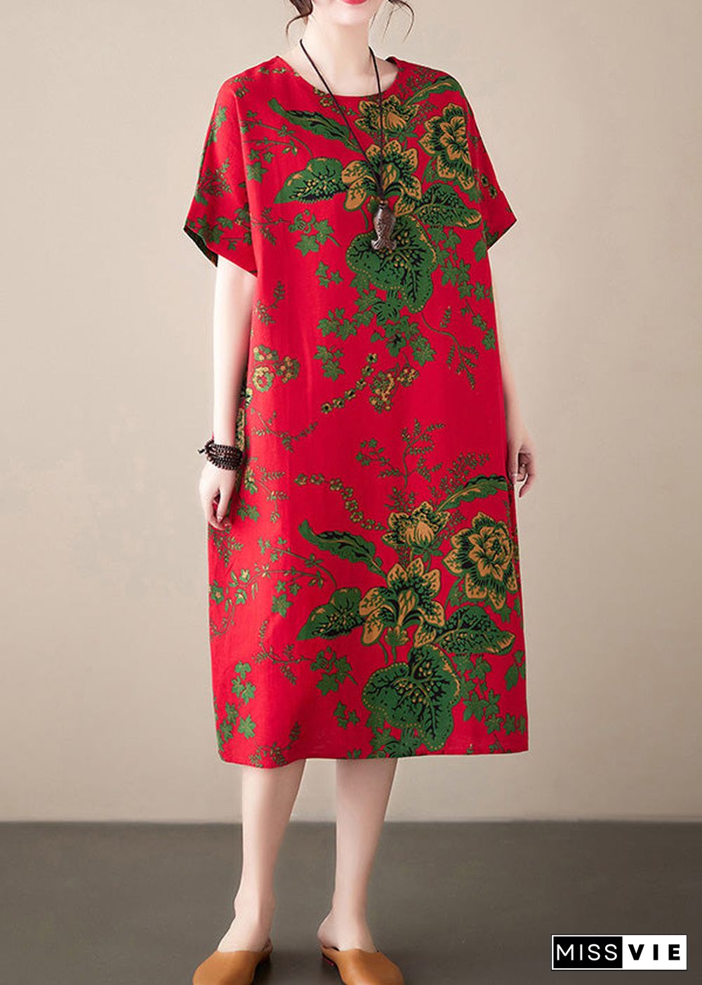 Fashion Red Print Chiffon Macxi Dress Short Sleeve