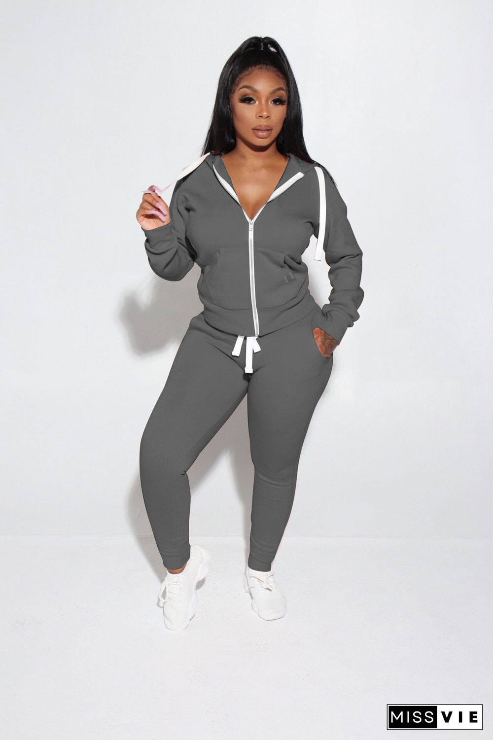 Solid Color Zipper Hoodie Skinny Pants Two Pieces Set