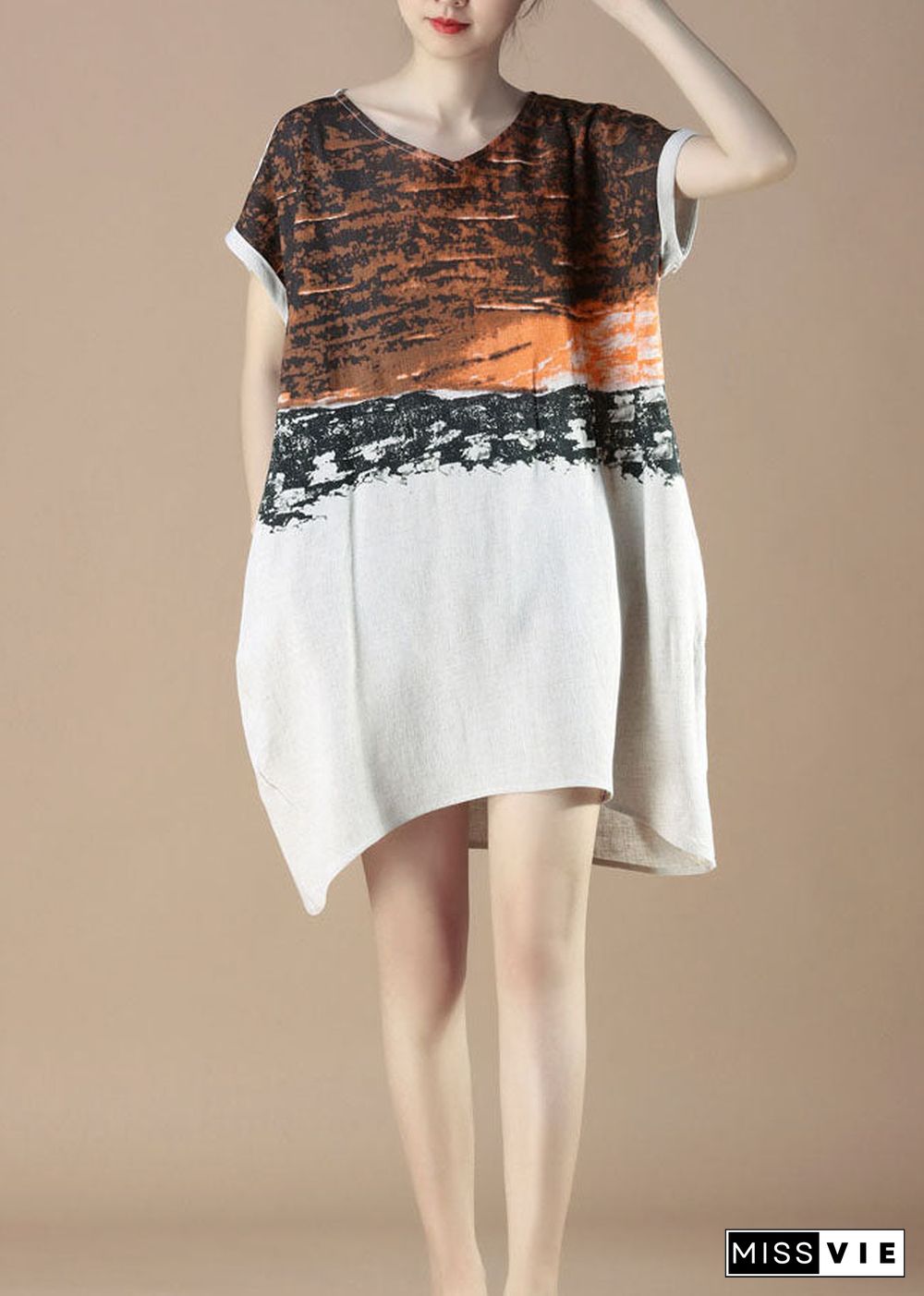 Unique Orange V Neck Print Patchwork Cotton Dress Summer