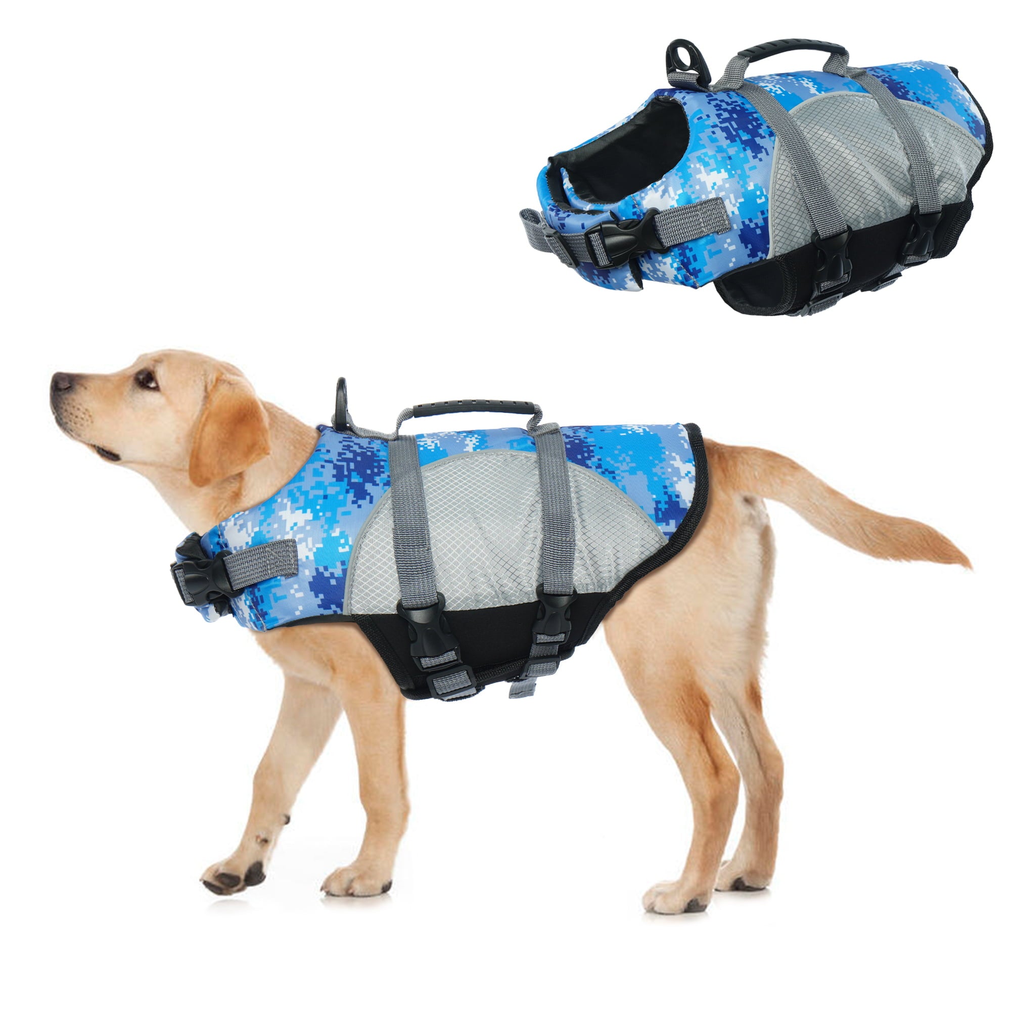 Kuoser Dog Life Jacket， Adjustable Ripstop Pet Safety Vest with Reflective Stripes， Dog Lifesaver with Rescue Handle for Small Medium Large Dog