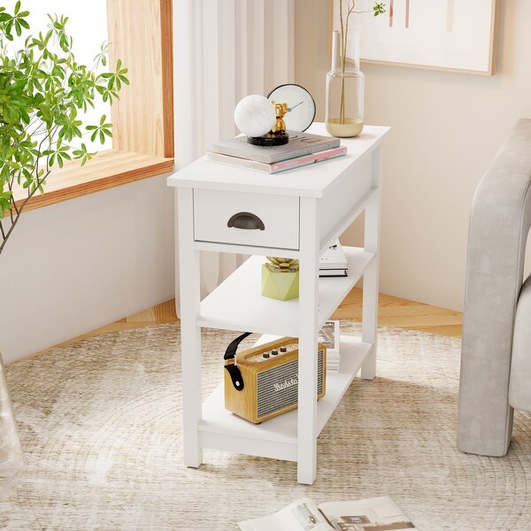 Narrow Sided End Table with Drawers and Flip Top