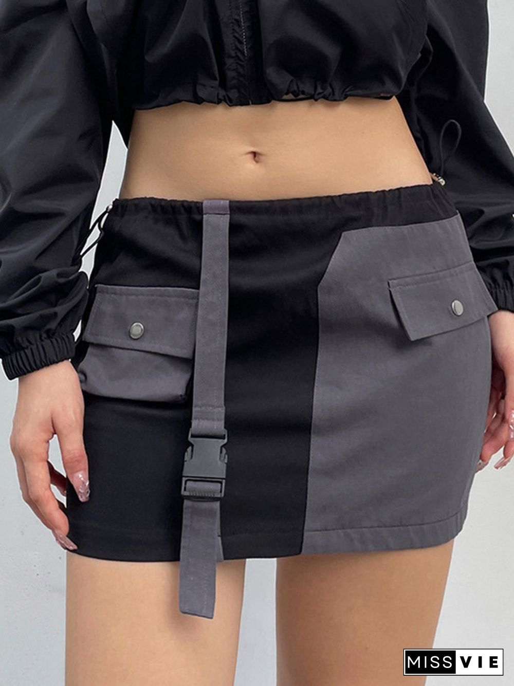 Pocket Splice Drawstring Waist Cargo Mini Skirt