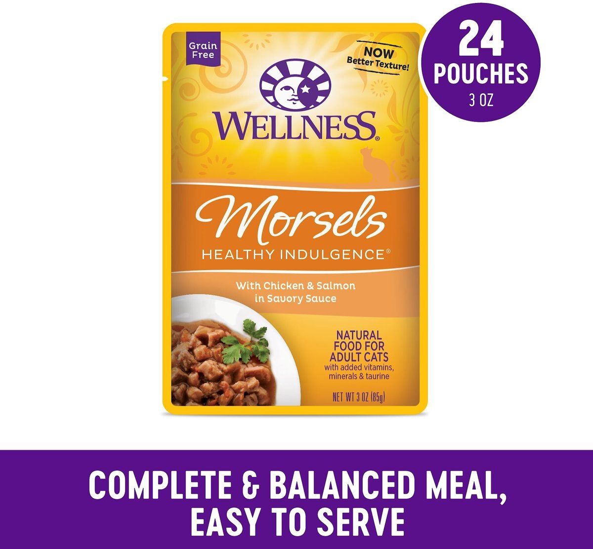 Wellness Healthy Indulgence Morsels with Chicken and Salmon in Savory Sauce Grain-Free Wet Cat Food Pouches， 3-oz， case of 24